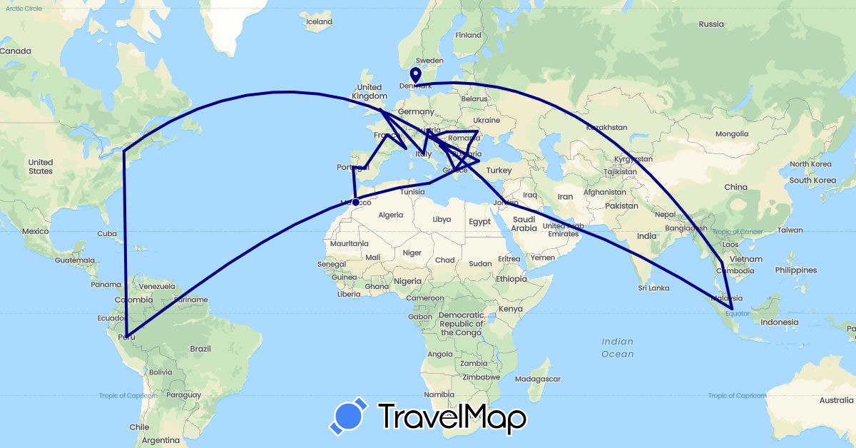 TravelMap itinerary: driving in United Arab Emirates, Austria, Bosnia and Herzegovina, Bulgaria, Denmark, Spain, France, United Kingdom, Greece, Croatia, Hungary, Italy, Jordan, Morocco, Monaco, Moldova, Montenegro, Malta, Portugal, Romania, Serbia, Singapore, Slovenia, Thailand, Turkey, United States (Africa, Asia, Europe, North America)